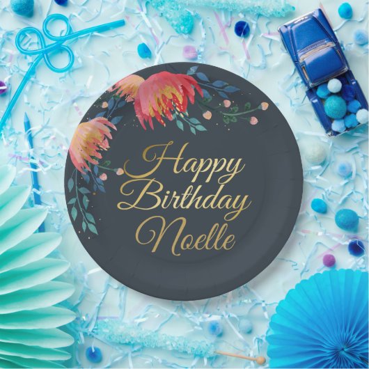 濃い青、花エレガント、お洒落金ゴールドアクセント ペーパープレート (パーティー)