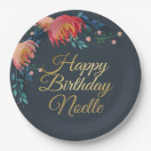 濃い青、花エレガント、お洒落金ゴールドアクセント ペーパープレート (正面)