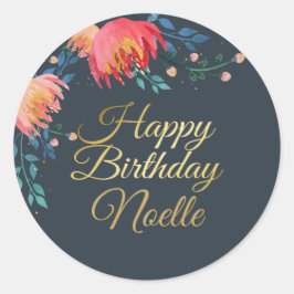 濃い青、花エレガント、お洒落金ゴールドアクセント ラウンドシール