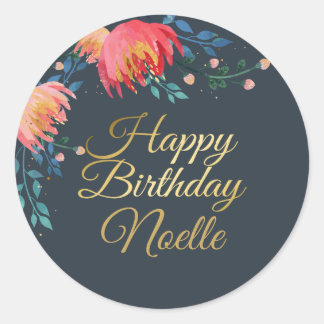 濃い青、花エレガント、お洒落金ゴールドアクセント ラウンドシール