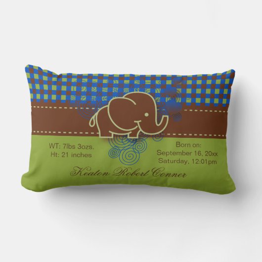 濃い青、茶、緑の格子縞のベビー象 ランバークッション (正面)