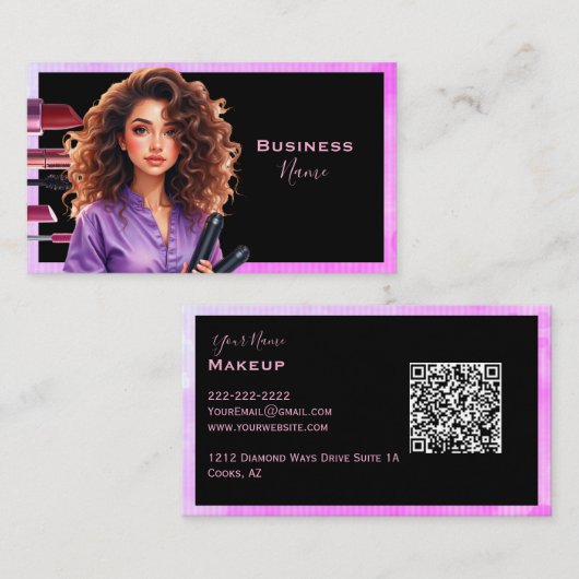 濃い髪のメイクアップレディーパープル 名刺 (正面/裏面)