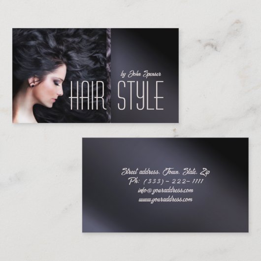 濃い髪の女性ヘアカットスタイリストカード 名刺 (正面/裏面)