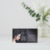 濃い髪の女性ヘアカットスタイリストカード 名刺 (スタンド正面)