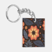 濃い鮮やか背景にオレンジ色の花の模様 キーホルダー (正面左)