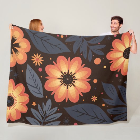 濃い鮮やか背景にオレンジ色の花の模様 フリースブランケット (インサイチュ)