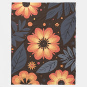 濃い鮮やか背景にオレンジ色の花の模様 フリースブランケット (正面)