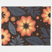 濃い鮮やか背景にオレンジ色の花の模様 フリースブランケット (正面(横))