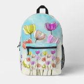 濃い黒い線で咲く花の水色 プリントバックパック (正面)