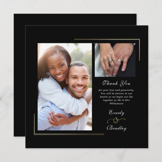 濃い黒の金ゴールド白いスクリプト写真ありがとう 招待状 (正面/裏面)
