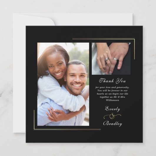 濃い黒の金ゴールド白いスクリプト写真ありがとう 招待状 (正面)