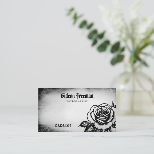 濃い黒白のバラの入れ墨 名刺 (スタンド正面)