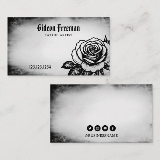 濃い黒白のバラの入れ墨 名刺 (正面/裏面)