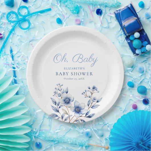 濃い&ほこりっぽい青ワイルドフラワーオベビー赤ちゃんシャワー ペーパープレート (パーティー)