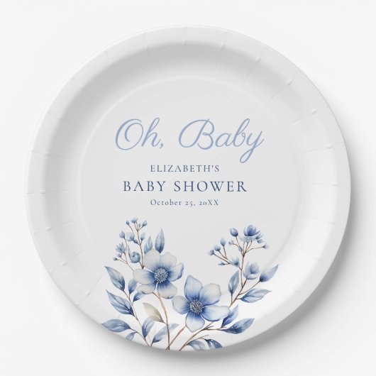 濃い&ほこりっぽい青ワイルドフラワーオベビー赤ちゃんシャワー ペーパープレート (正面)