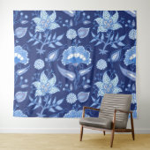 濃く淡い青いインディアンの花のエスニック・パターン タペストリー (インサイチュ(横))