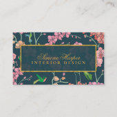 濃エレガントい青にピンクの花と鳥 名刺 (正面)