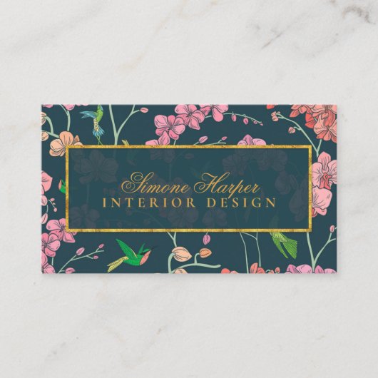 濃エレガントい青にピンクの花と鳥 名刺 (正面)