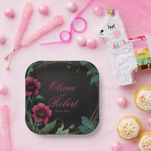 濃エレガントビクトリアン色の濃い緑のフローラ ペーパープレート (パーティー)