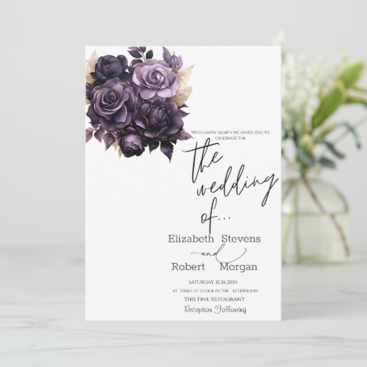 濃エレガント紫色の花結婚式招待状 招待状 (スタンド正面)