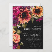 濃エレガント紫色バーガンディーイエローフローラブラック 招待状 (正面)