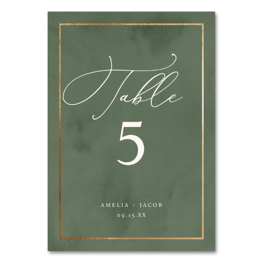 濃エレガント緑の水の色の結婚スクリプト テーブルナンバー (正面)