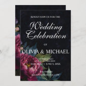 濃エレガント色の淡紅色の水色のフローラ結婚 招待状 (正面/裏面)