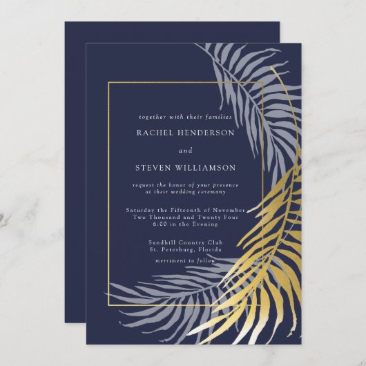 濃エレガント色の青と白の熱帯結婚国 招待状 (正面/裏面)