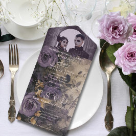 濃エレガント色ゴシック紫バラワンフォト オールインワン招待状