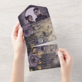 濃エレガント色ゴシック紫バラ写真QRコード オールインワン招待状 (貼ってはがせる)