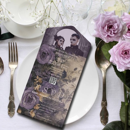 濃エレガント色ゴシック紫バラ写真QRコード オールインワン招待状