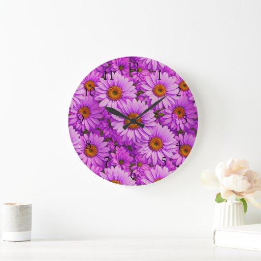 濃エレガント色ピンク色マゼンタフローラデイジー ラージ壁時計 (ホーム)