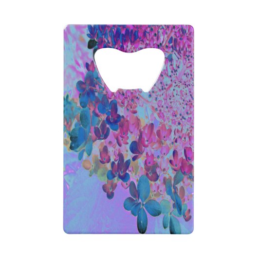 濃エレガント色ブルーとマゼンタライムライトアジサイ クレジットカード栓抜き (正面)