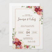 濃エレガント赤色フラワー結婚式招待状 招待状 (正面/裏面)