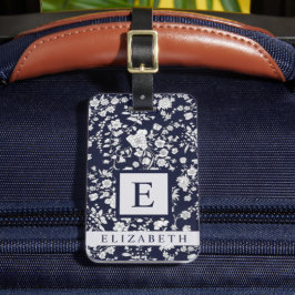 濃カスタマイズ色ネイビー青フローラ白い花 ラゲッジタグ