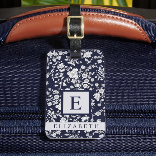 濃カスタマイズ色ネイビー青フローラ白い花 ラゲッジタグ (正面インサイチュ2)