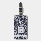 濃カスタマイズ色ネイビー青フローラ白い花 ラゲッジタグ (正面縦)