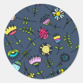 濃カラフルい青にドーダル花柄 ラウンドシール (正面)