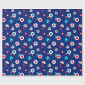 濃カラフルい青の背景の花 ラッピングペーパー (フラット)