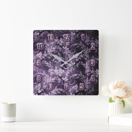 濃グランジ紫色のヴィンテージの花カッコいい柄 スクエア壁時計 (ホーム)