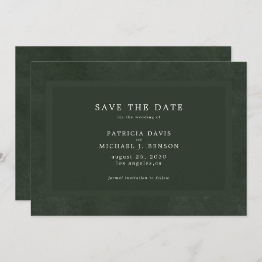 濃シンプル緑のエレガントな結婚式 セーブザデート (正面/裏面)