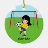 濃パーソナライズされた毛サッカー女子クリスマス セラミックオーナメント (正面)