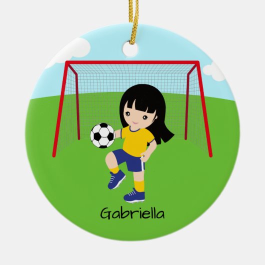 濃パーソナライズされた毛サッカー女子クリスマス セラミックオーナメント (正面)