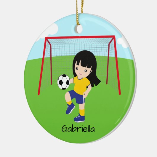 濃パーソナライズされた毛サッカー女子クリスマス セラミックオーナメント (左)