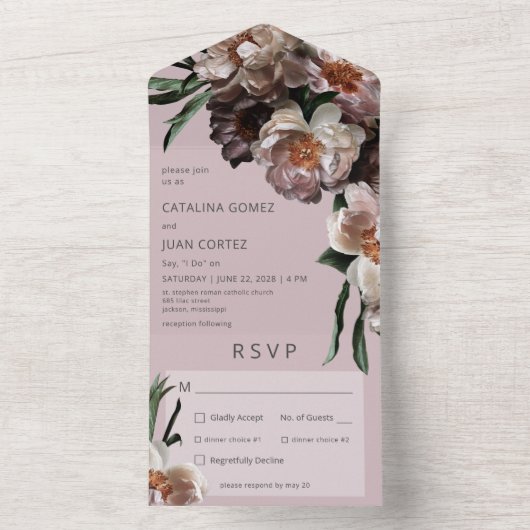 濃モダンい花が柔らかいピンクのディナー オールインワン招待状 (内側)