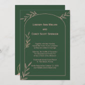 濃モダン緑とピンクの結婚葉 招待状 (正面/裏面)