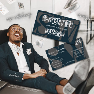 濃モダン色の青とグレーとカッコいいイニシャル 名刺