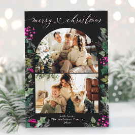 濃モダン色ピンクの植物体2フォトクリスマスカード シーズンカード