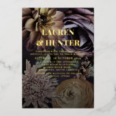 濃モダン色ムーディパープル植物学結婚金ゴールド 箔招待状 (正面)