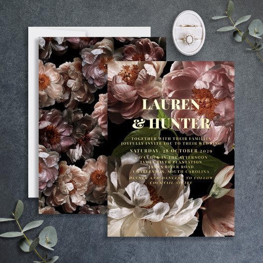 濃モダン色ムーディピンクボ結婚タニカル金ゴールド 箔招待状